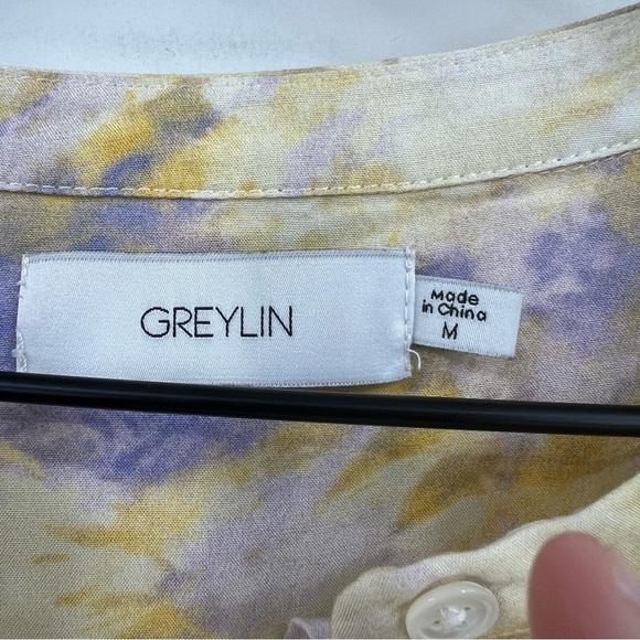 Greylin Yellow Abstract Rayon Top Size M Boxy Henley Cuff Sleeve - Picture 3 of 6